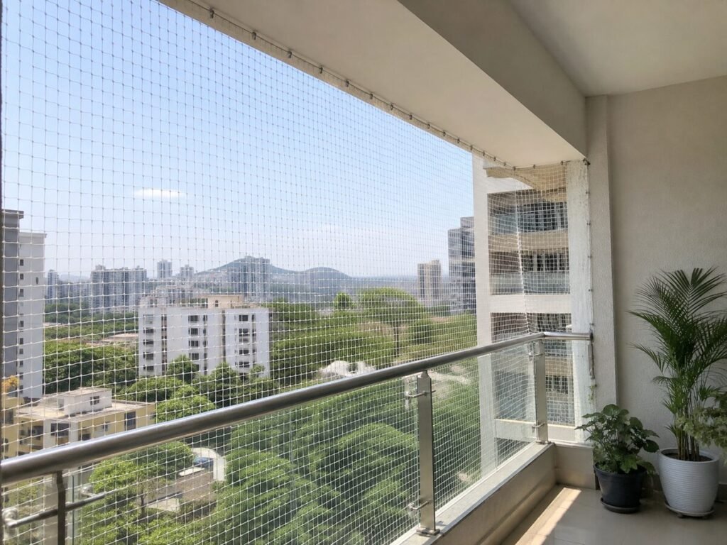 Professional bird net installation for a balcony in Pune